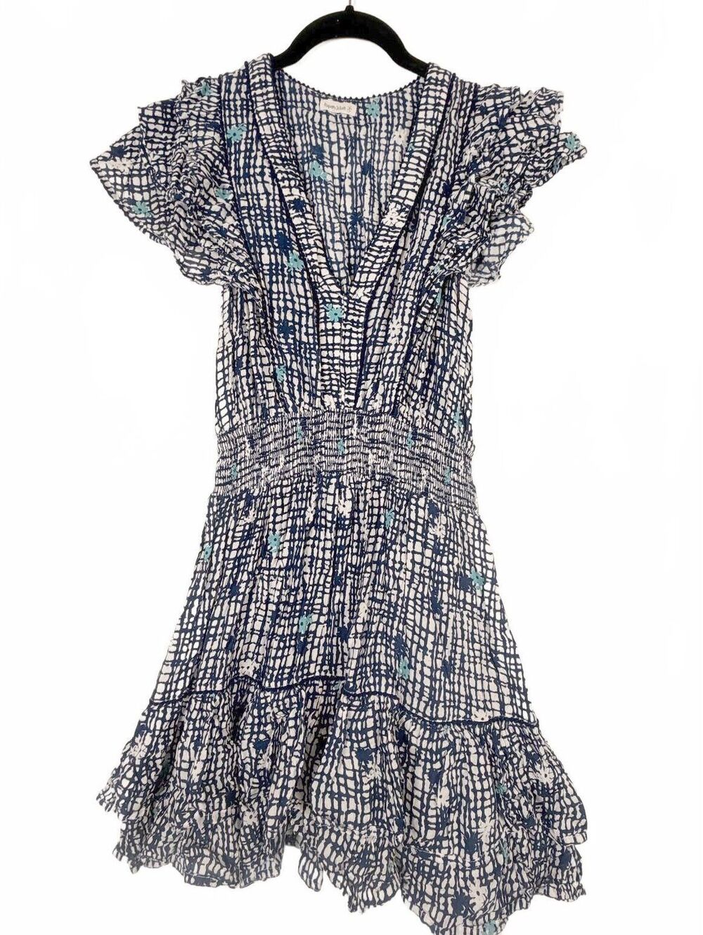 Poupette‎ St Barth Elsa Mini Dress Navy Blue White Smocked Plaid XS